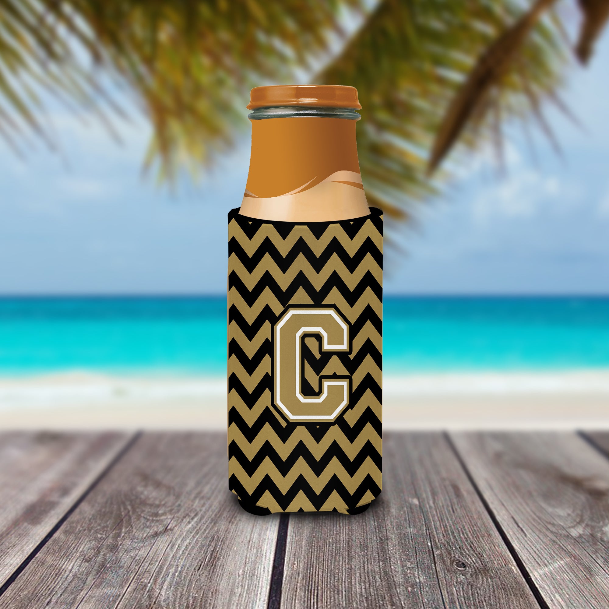 Letter C Chevron Black and Gold  Ultra Beverage Insulators for slim cans CJ1050-CMUK