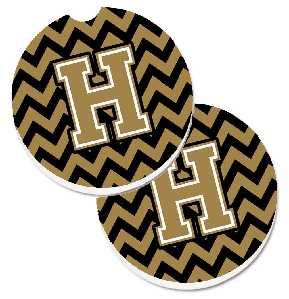 Letter H Chevron Black and Gold  Set of 2 Cup Holder Car Coasters CJ1050-HCARC by Caroline&#39;s Treasures