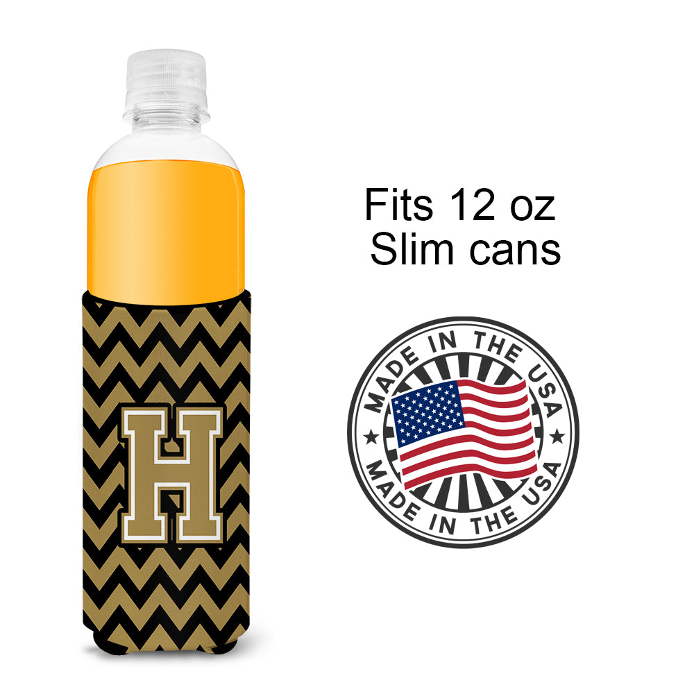 Letter H Chevron Black and Gold  Ultra Beverage Insulators for slim cans CJ1050-HMUK.