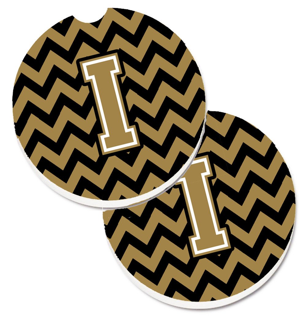 Letter I Chevron Black and Gold  Set of 2 Cup Holder Car Coasters CJ1050-ICARC by Caroline&#39;s Treasures