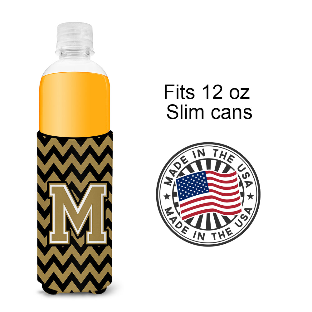 Letter M Chevron Black and Gold  Ultra Beverage Insulators for slim cans CJ1050-MMUK.