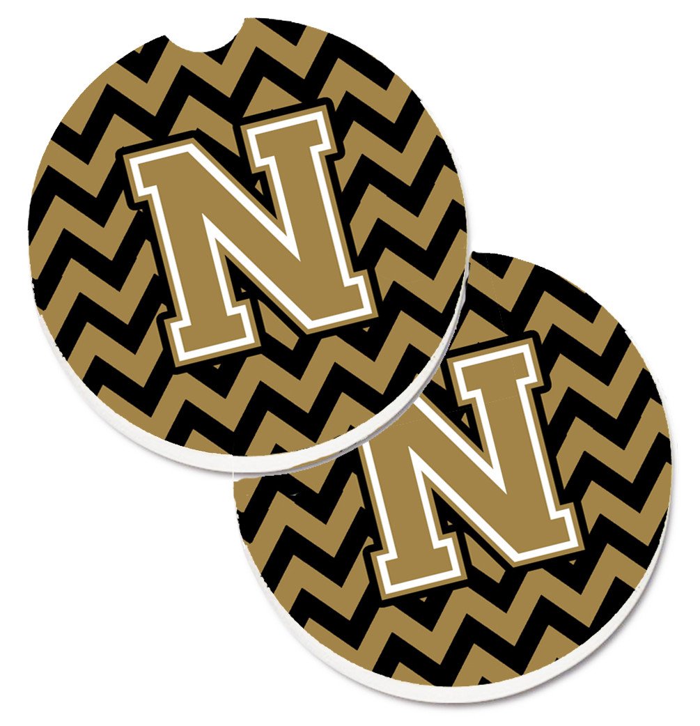 Letter N Chevron Black and Gold  Set of 2 Cup Holder Car Coasters CJ1050-NCARC by Caroline&#39;s Treasures