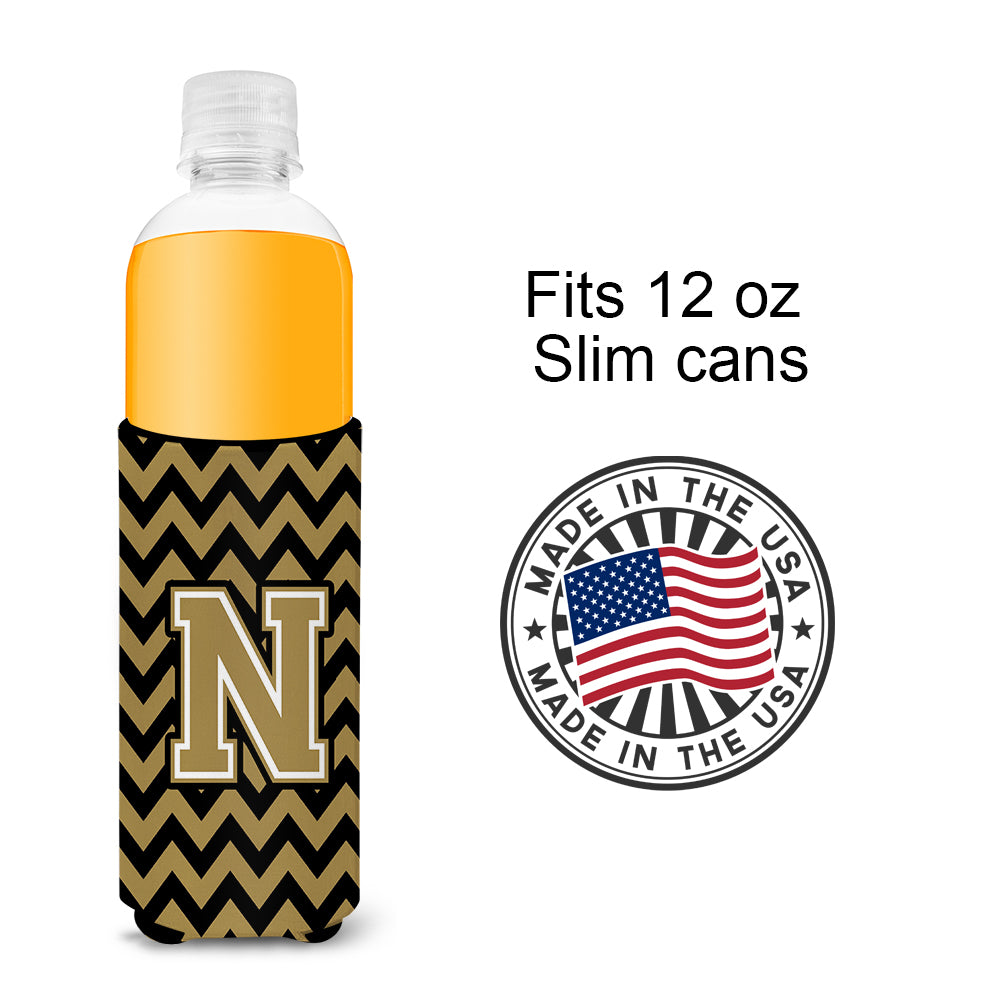 Letter N Chevron Black and Gold  Ultra Beverage Insulators for slim cans CJ1050-NMUK.