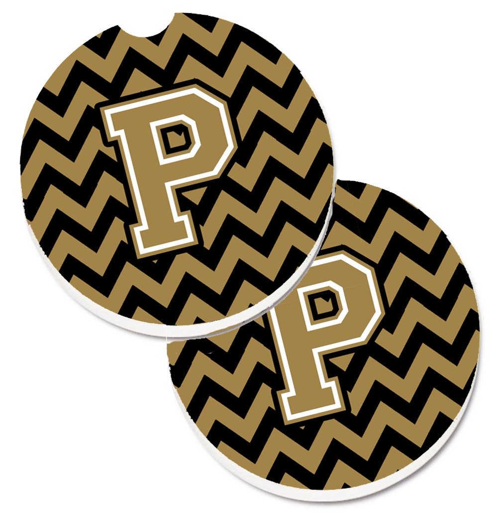 Letter P Chevron Black and Gold  Set of 2 Cup Holder Car Coasters CJ1050-PCARC by Caroline's Treasures