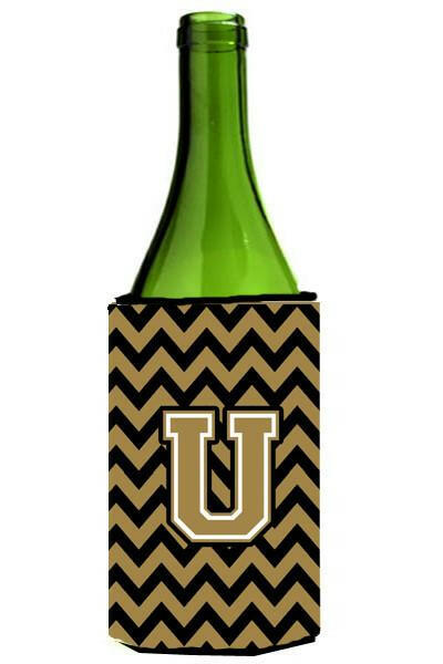 Letter U Chevron Black and Gold  Wine Bottle Beverage Insulator Hugger CJ1050-ULITERK by Caroline&#39;s Treasures