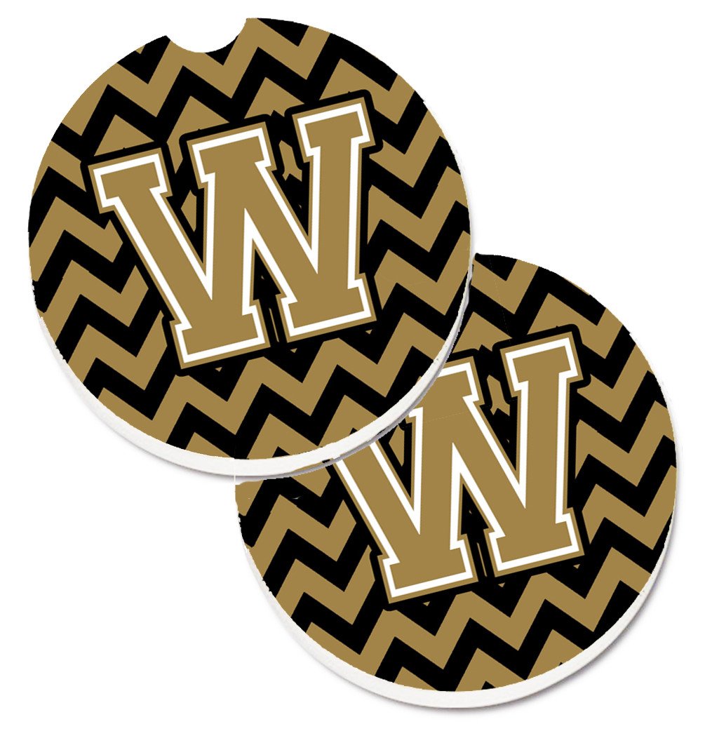 Letter W Chevron Black and Gold  Set of 2 Cup Holder Car Coasters CJ1050-WCARC by Caroline&#39;s Treasures
