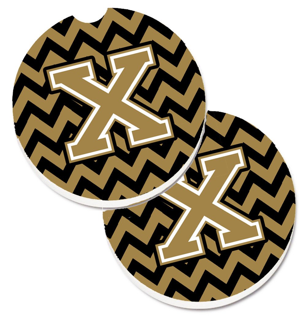 Letter X Chevron Black and Gold  Set of 2 Cup Holder Car Coasters CJ1050-XCARC by Caroline&#39;s Treasures