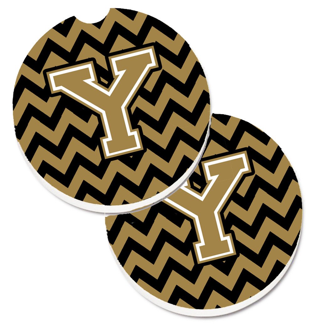 Letter Y Chevron Black and Gold  Set of 2 Cup Holder Car Coasters CJ1050-YCARC by Caroline&#39;s Treasures
