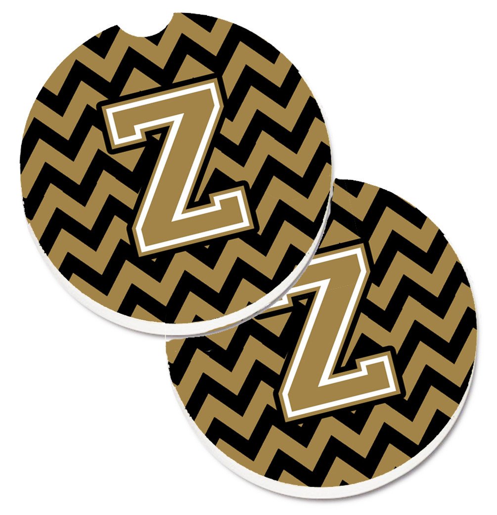 Letter Z Chevron Black and Gold  Set of 2 Cup Holder Car Coasters CJ1050-ZCARC by Caroline&#39;s Treasures