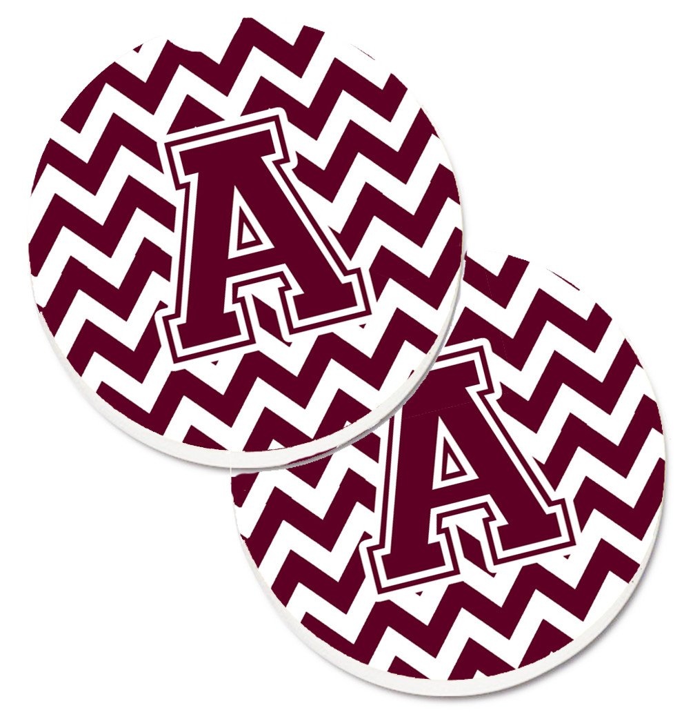 Letter A Chevron Maroon and White  Set of 2 Cup Holder Car Coasters CJ1051-ACARC by Caroline&#39;s Treasures