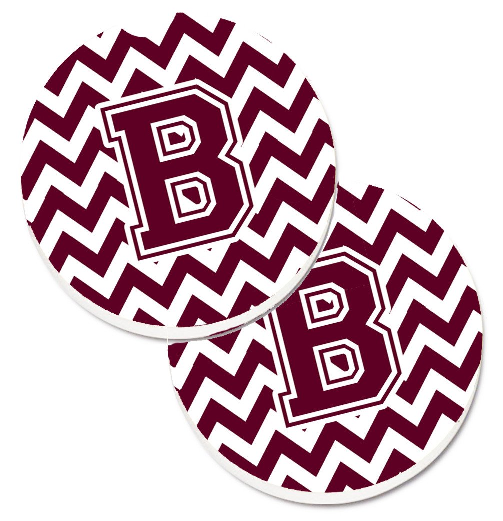 Letter B Chevron Maroon and White  Set of 2 Cup Holder Car Coasters CJ1051-BCARC by Caroline&#39;s Treasures