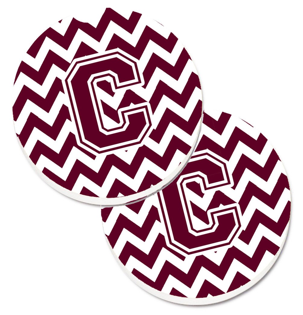 Letter C Chevron Maroon and White  Set of 2 Cup Holder Car Coasters CJ1051-CCARC by Caroline&#39;s Treasures