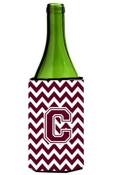 Letter C Chevron Maroon and White  Wine Bottle Beverage Insulator Hugger CJ1051-CLITERK by Caroline&#39;s Treasures