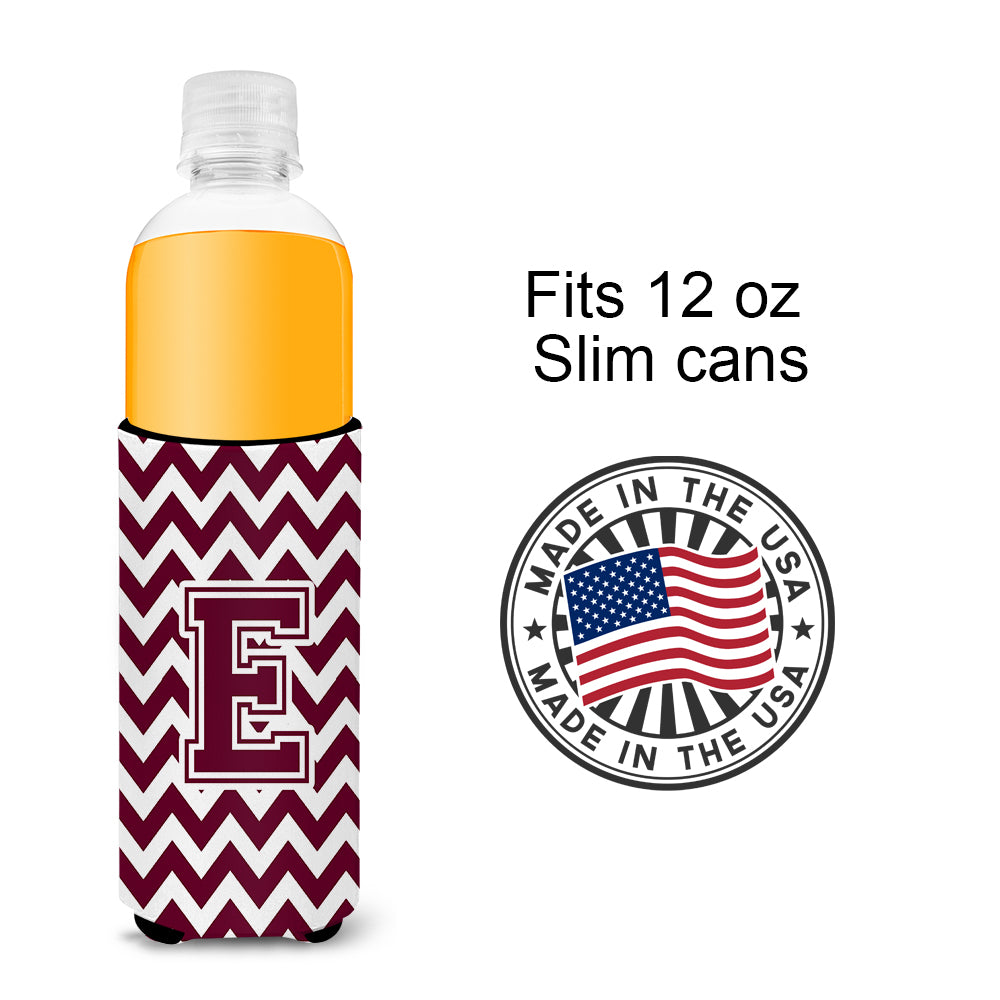 Letter E Chevron Maroon and White  Ultra Beverage Insulators for slim cans CJ1051-EMUK.
