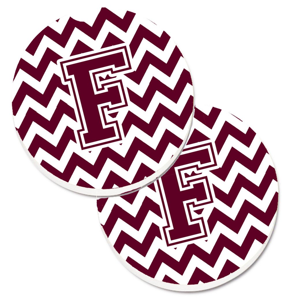 Letter F Chevron Maroon and White  Set of 2 Cup Holder Car Coasters CJ1051-FCARC by Caroline&#39;s Treasures