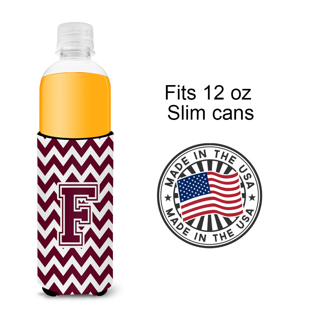 Letter F Chevron Maroon and White  Ultra Beverage Insulators for slim cans CJ1051-FMUK.