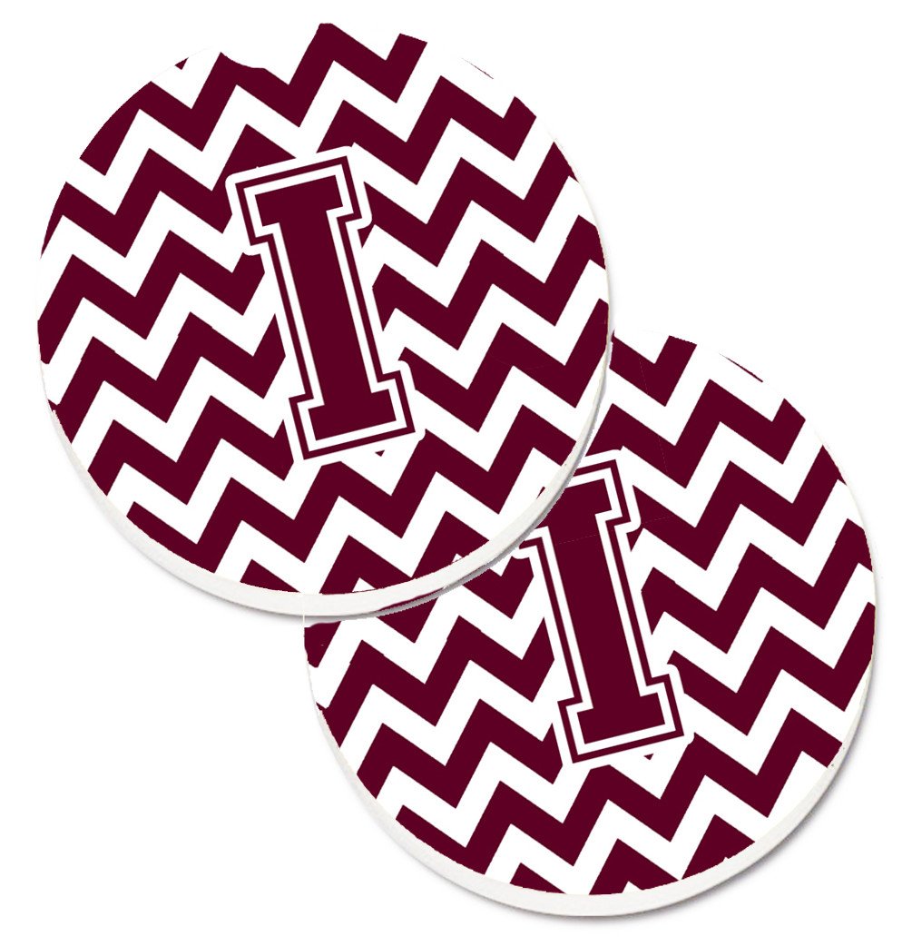 Letter I Chevron Maroon and White  Set of 2 Cup Holder Car Coasters CJ1051-ICARC by Caroline&#39;s Treasures