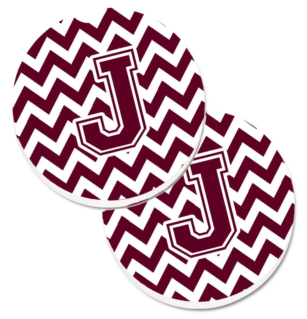 Letter J Chevron Maroon and White  Set of 2 Cup Holder Car Coasters CJ1051-JCARC by Caroline&#39;s Treasures