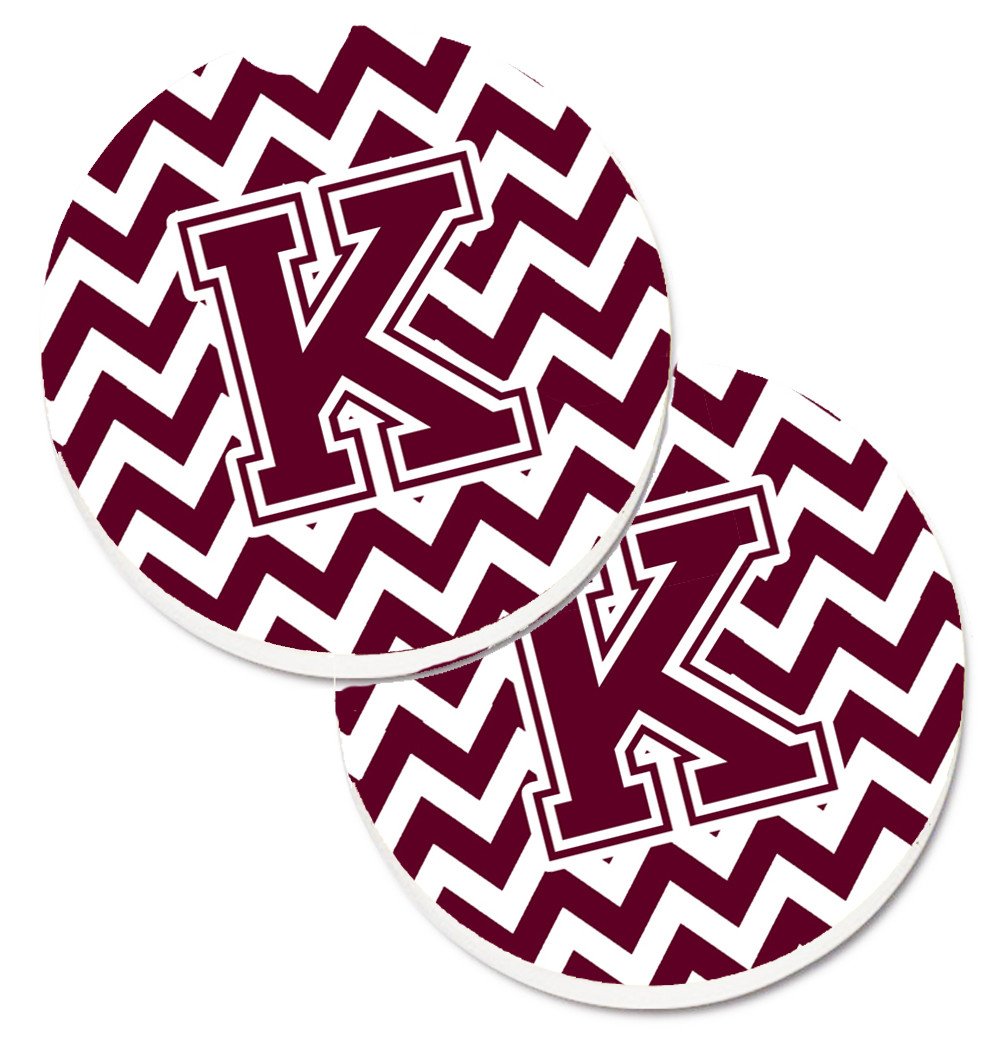 Letter K Chevron Maroon and White  Set of 2 Cup Holder Car Coasters CJ1051-KCARC by Caroline&#39;s Treasures