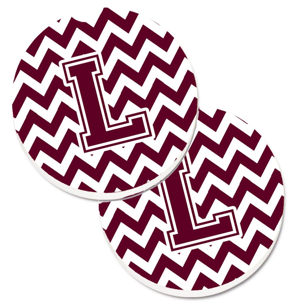 Letter L Chevron Maroon and White  Set of 2 Cup Holder Car Coasters CJ1051-LCARC by Caroline&#39;s Treasures