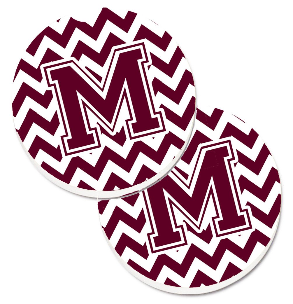 Letter M Chevron Maroon and White  Set of 2 Cup Holder Car Coasters CJ1051-MCARC by Caroline&#39;s Treasures