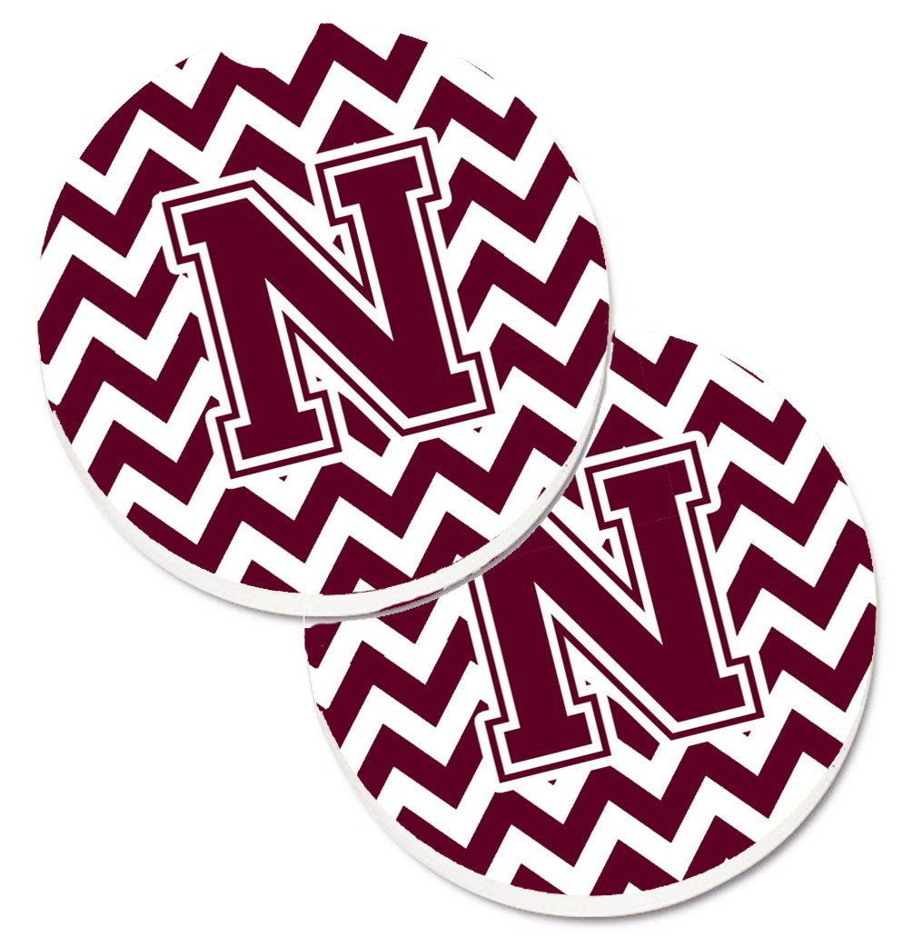 Letter N Chevron Maroon and White  Set of 2 Cup Holder Car Coasters CJ1051-NCARC by Caroline&#39;s Treasures