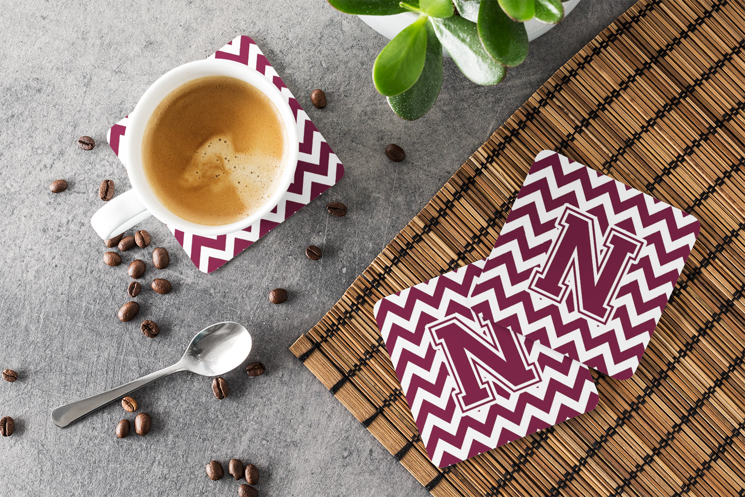 Letter N Chevron Maroon and White  Foam Coaster Set of 4 CJ1051-NFC - the-store.com