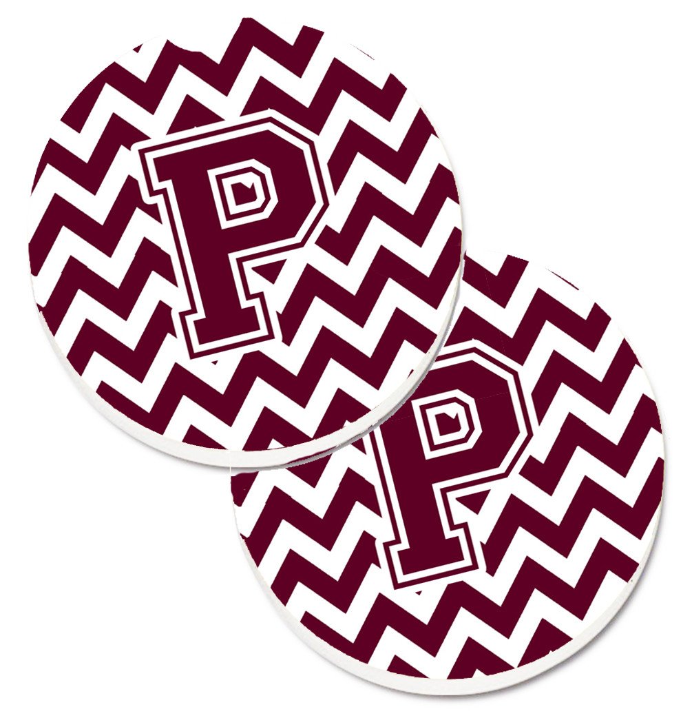 Letter P Chevron Maroon and White  Set of 2 Cup Holder Car Coasters CJ1051-PCARC by Caroline's Treasures