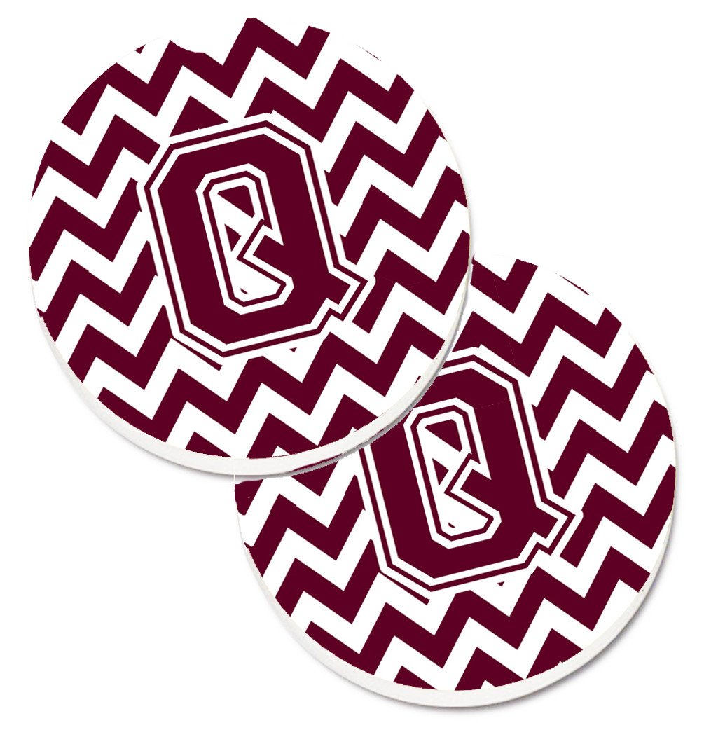 Letter Q Chevron Maroon and White  Set of 2 Cup Holder Car Coasters CJ1051-QCARC by Caroline&#39;s Treasures
