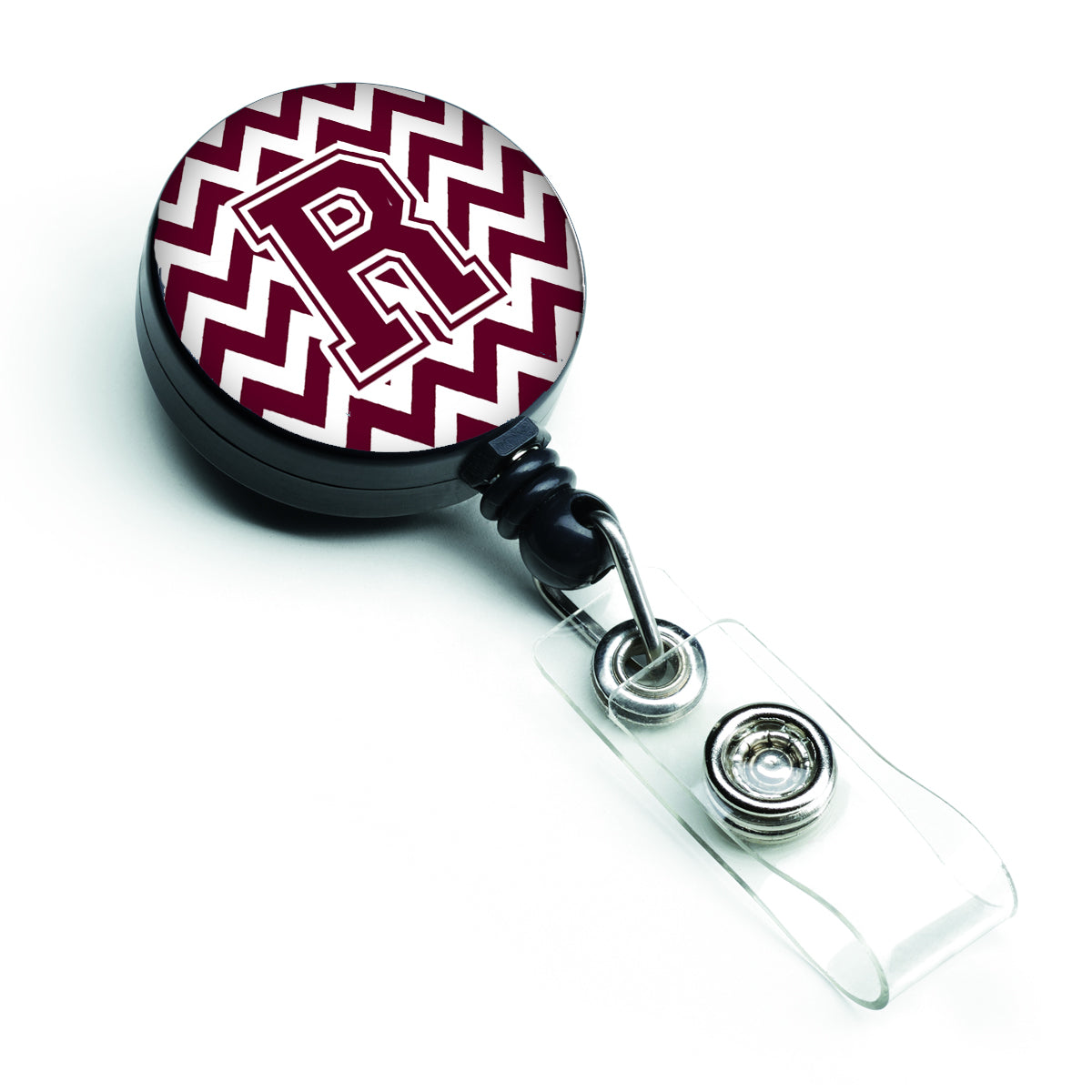 Letter R Chevron Maroon and White  Retractable Badge Reel CJ1051-RBR.