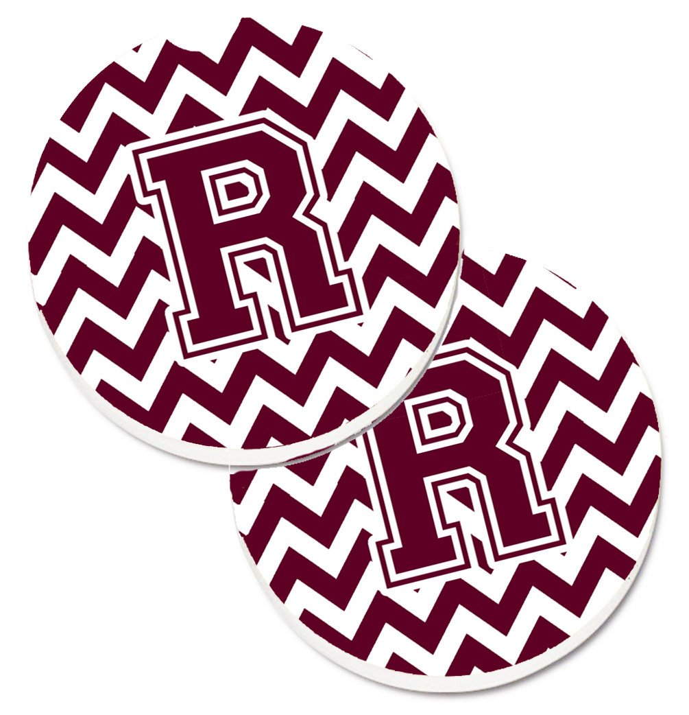 Letter R Chevron Maroon and White  Set of 2 Cup Holder Car Coasters CJ1051-RCARC by Caroline&#39;s Treasures