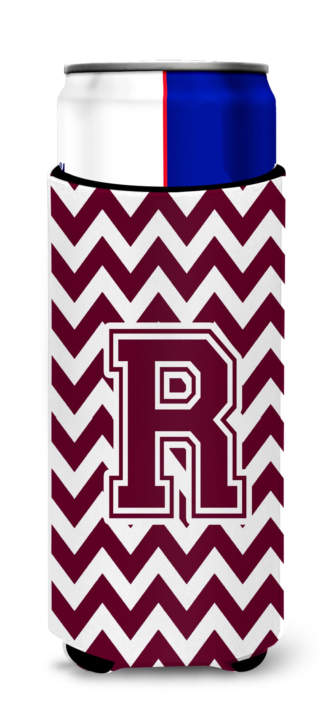 Letter R Chevron Maroon and White  Ultra Beverage Insulators for slim cans CJ1051-RMUK.
