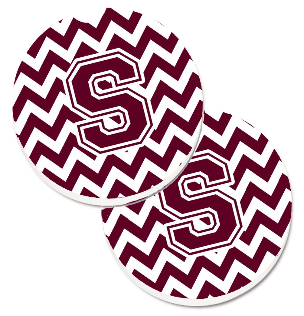 Letter S Chevron Maroon and White  Set of 2 Cup Holder Car Coasters CJ1051-SCARC by Caroline&#39;s Treasures