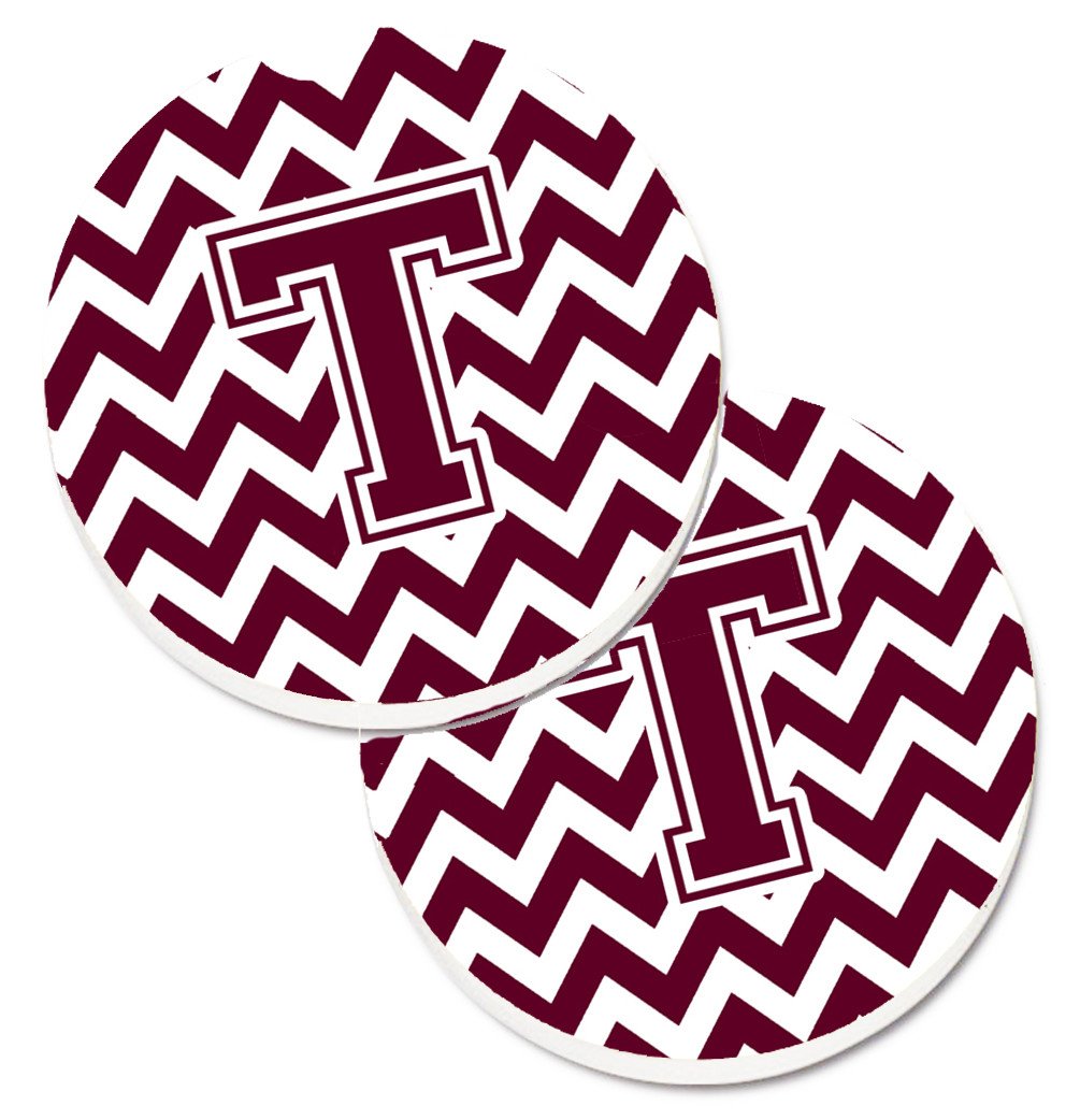 Letter T Chevron Maroon and White  Set of 2 Cup Holder Car Coasters CJ1051-TCARC by Caroline&#39;s Treasures