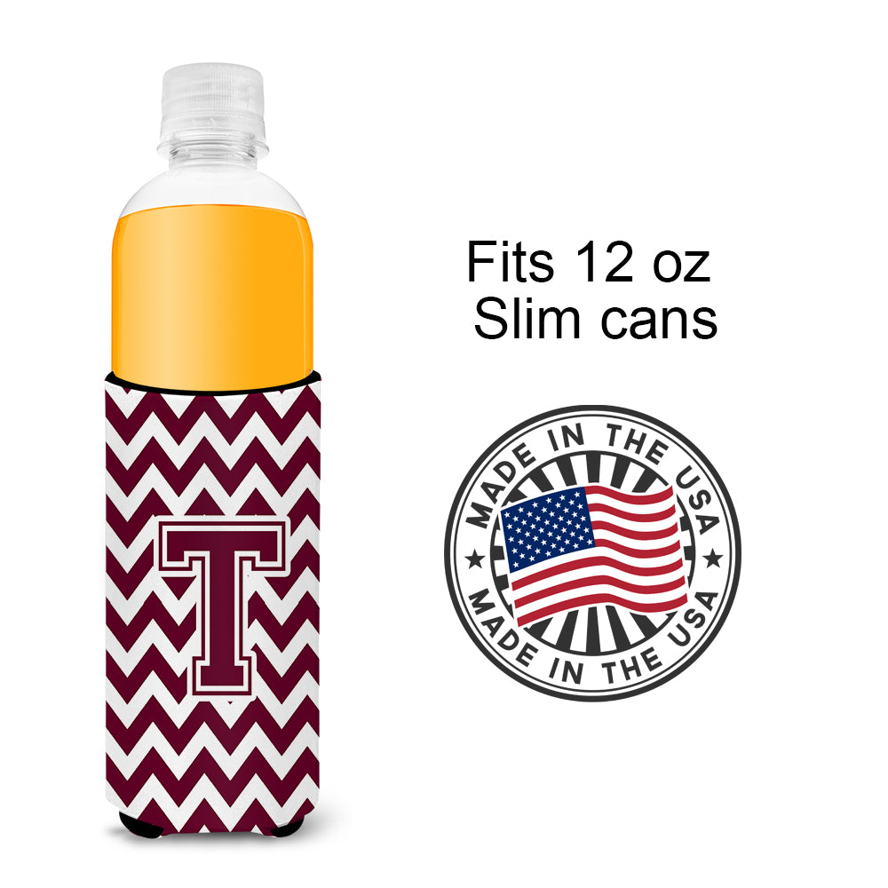 Letter T Chevron Maroon and White  Ultra Beverage Insulators for slim cans CJ1051-TMUK