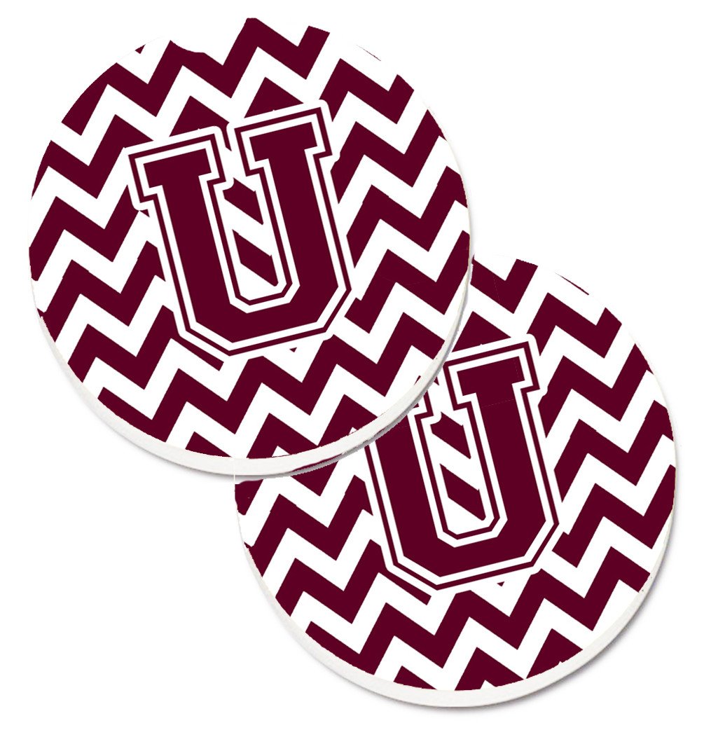 Letter U Chevron Maroon and White  Set of 2 Cup Holder Car Coasters CJ1051-UCARC by Caroline&#39;s Treasures