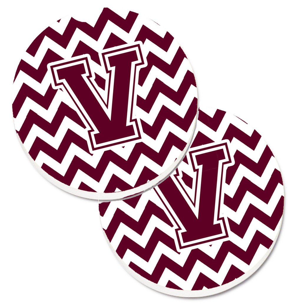 Letter V Chevron Maroon and White  Set of 2 Cup Holder Car Coasters CJ1051-VCARC by Caroline&#39;s Treasures