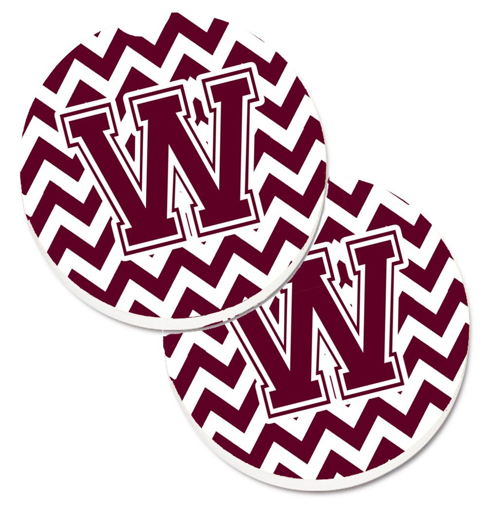Letter W Chevron Maroon and White  Set of 2 Cup Holder Car Coasters CJ1051-WCARC by Caroline&#39;s Treasures