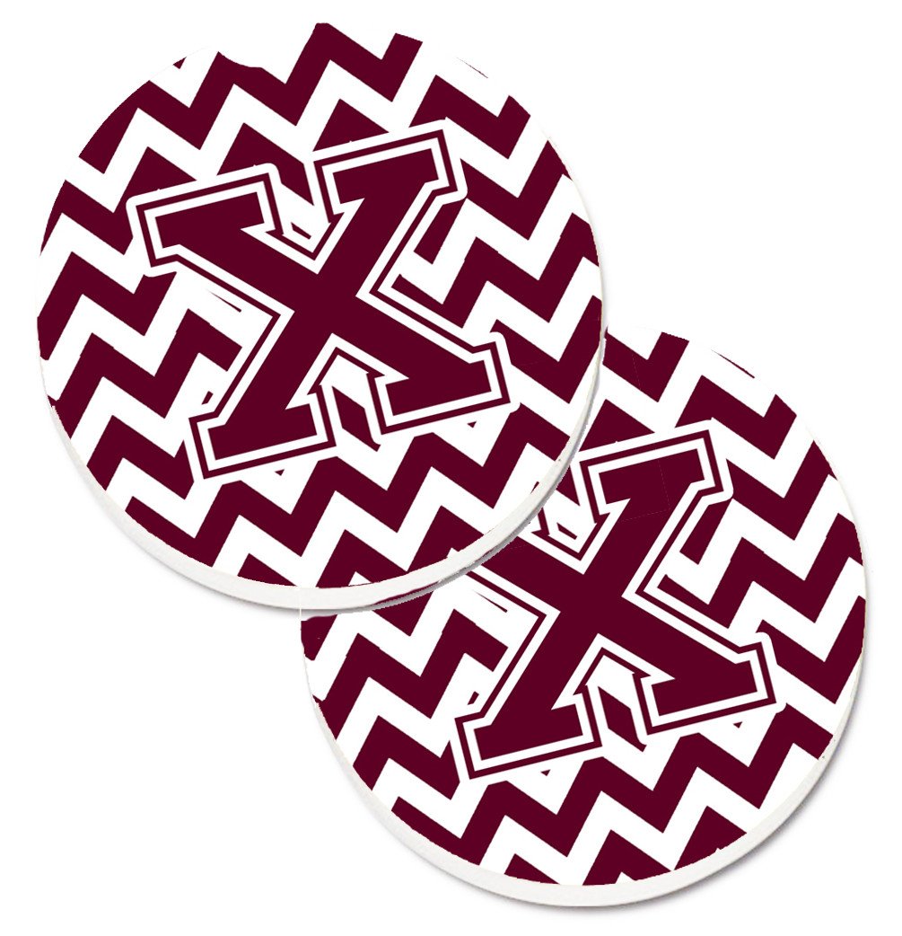 Letter X Chevron Maroon and White  Set of 2 Cup Holder Car Coasters CJ1051-XCARC by Caroline&#39;s Treasures