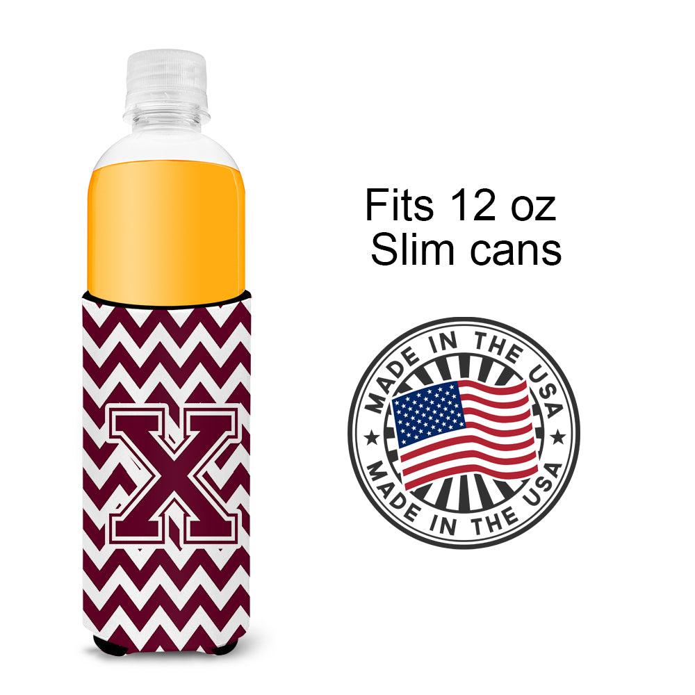 Letter X Chevron Maroon and White  Ultra Beverage Insulators for slim cans CJ1051-XMUK.