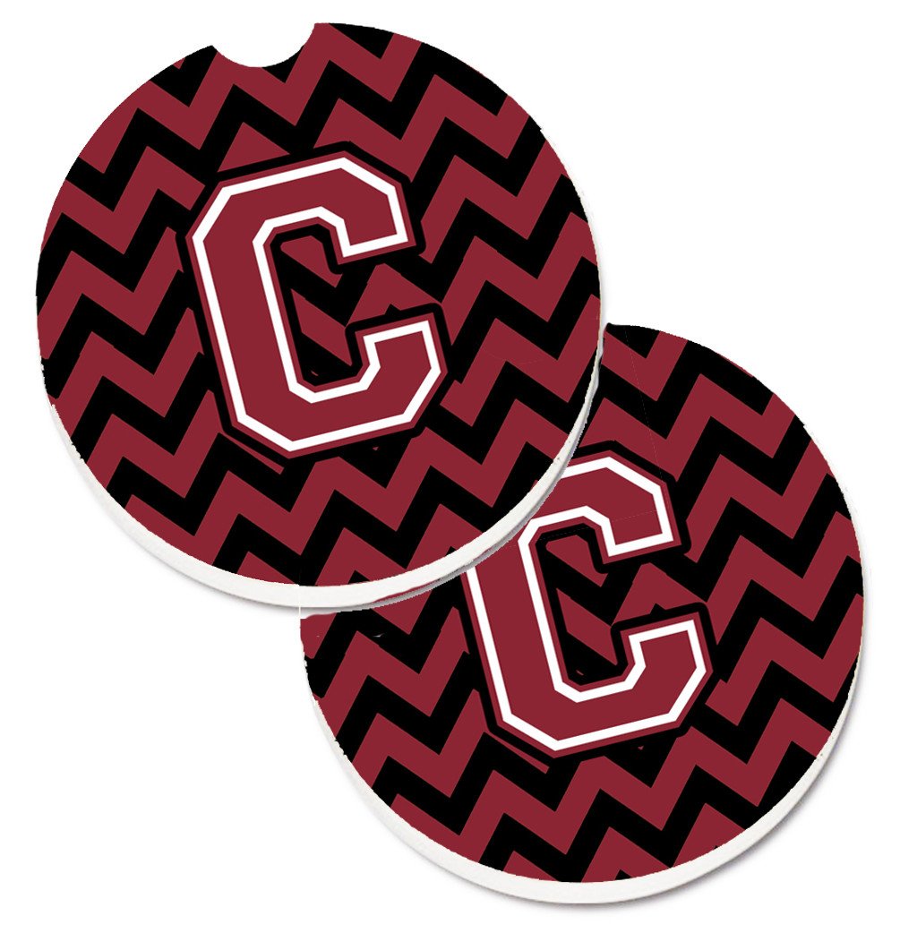 Letter C Chevron Garnet and Black  Set of 2 Cup Holder Car Coasters CJ1052-CCARC by Caroline's Treasures
