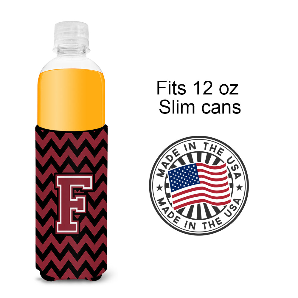 Letter F Chevron Garnet and Black  Ultra Beverage Insulators for slim cans CJ1052-FMUK.