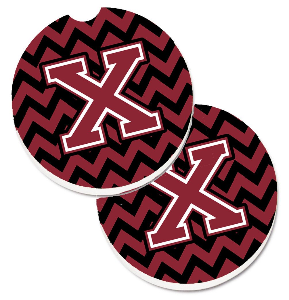 Letter X Chevron Garnet and Black  Set of 2 Cup Holder Car Coasters CJ1052-XCARC by Caroline&#39;s Treasures