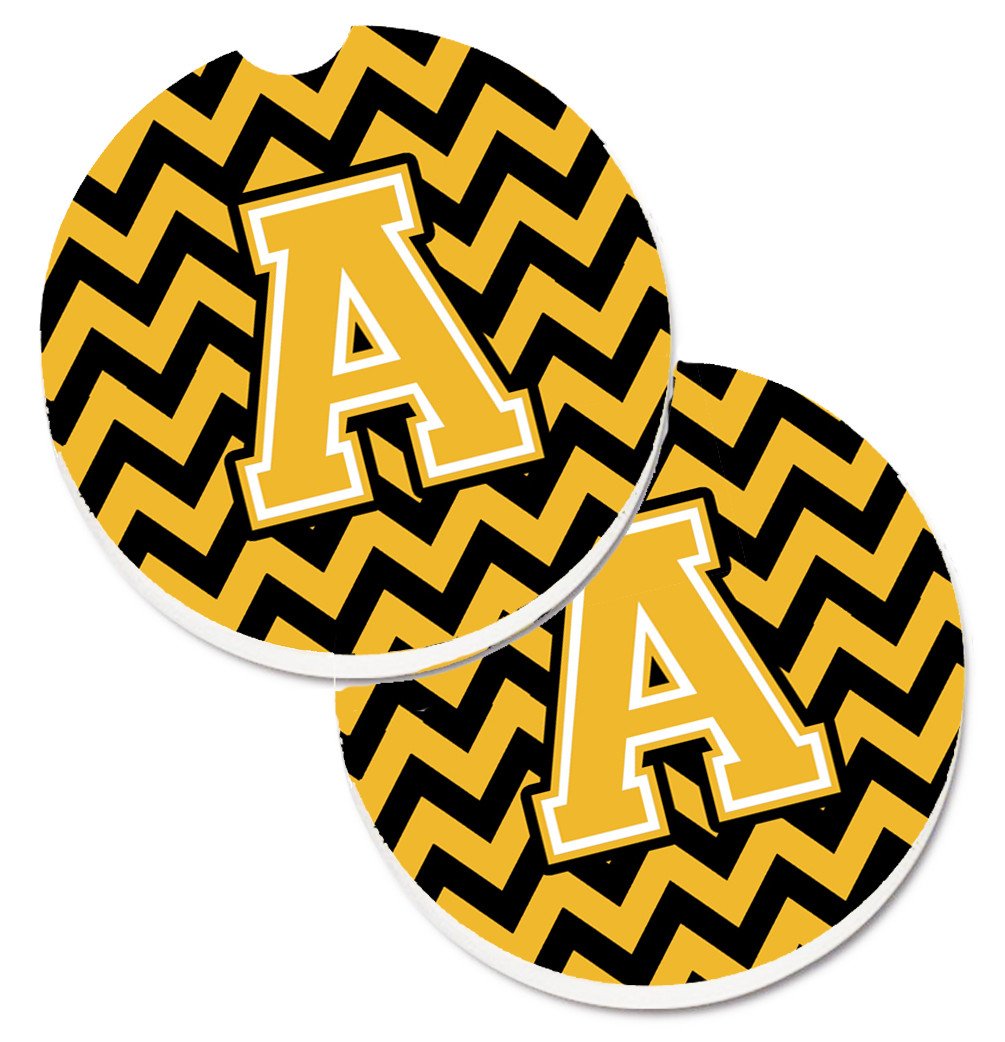 Letter A Chevron Black and Gold Set of 2 Cup Holder Car Coasters CJ1053-ACARC by Caroline&#39;s Treasures