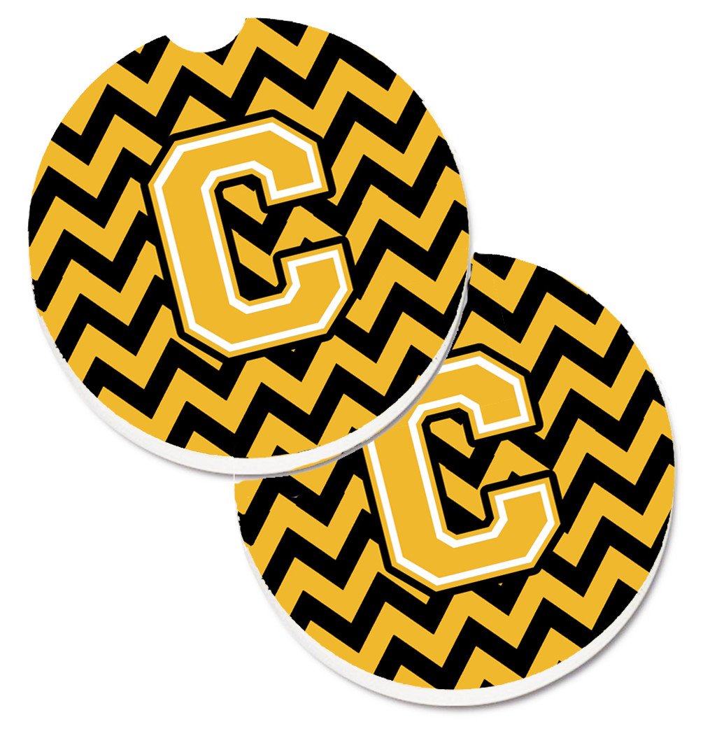 Letter C Chevron Black and Gold Set of 2 Cup Holder Car Coasters CJ1053-CCARC by Caroline&#39;s Treasures
