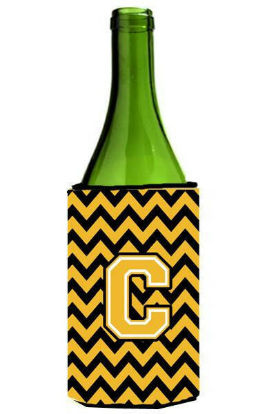 Letter C Chevron Black and Gold Wine Bottle Beverage Insulator Hugger CJ1053-CLITERK by Caroline&#39;s Treasures