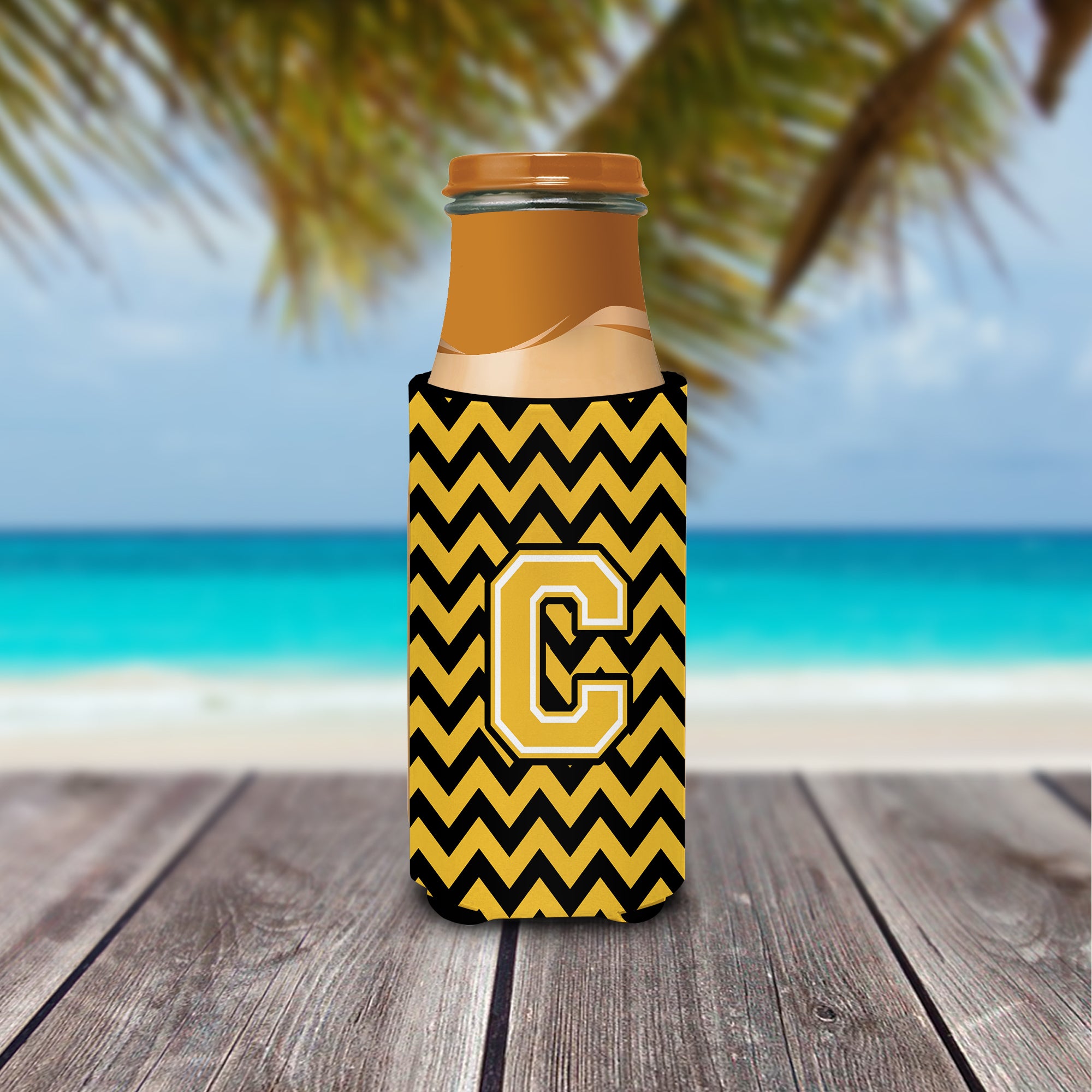 Letter C Chevron Black and Gold Ultra Beverage Insulators for slim cans CJ1053-CMUK.