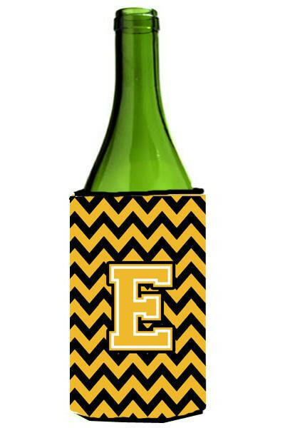 Letter E Chevron Black and Gold Wine Bottle Beverage Insulator Hugger CJ1053-ELITERK by Caroline's Treasures
