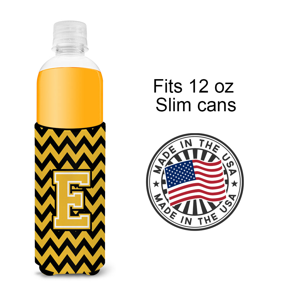 Letter E Chevron Black and Gold Ultra Beverage Insulators for slim cans CJ1053-EMUK.