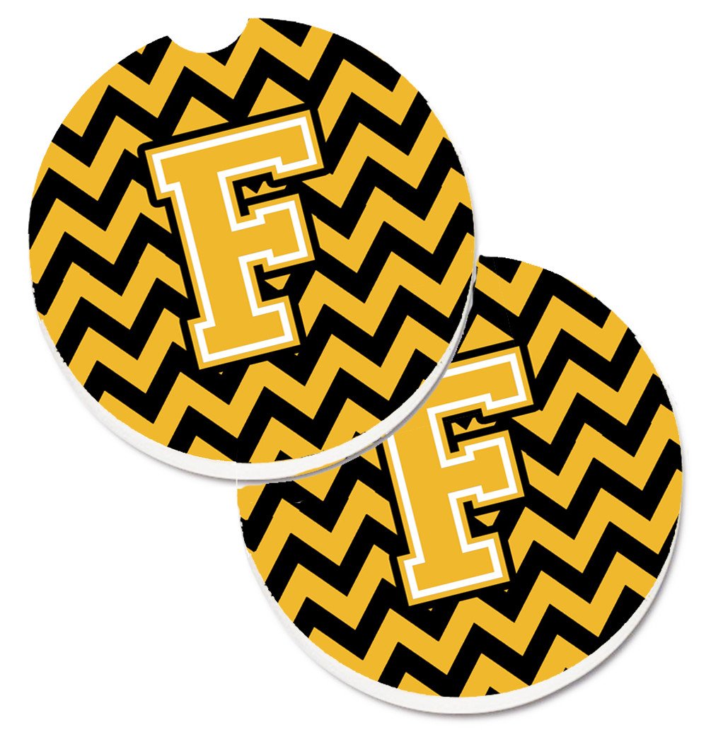Letter F Chevron Black and Gold Set of 2 Cup Holder Car Coasters CJ1053-FCARC by Caroline&#39;s Treasures